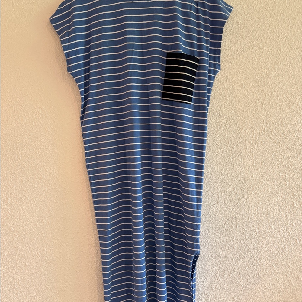 KULE Blue and White Striped Midi Dress with Black Chest Pocket